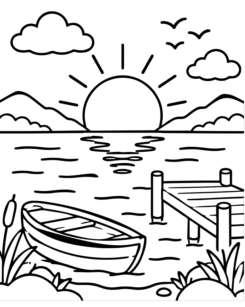 Printable lake sunset line art — Sunset coloring page