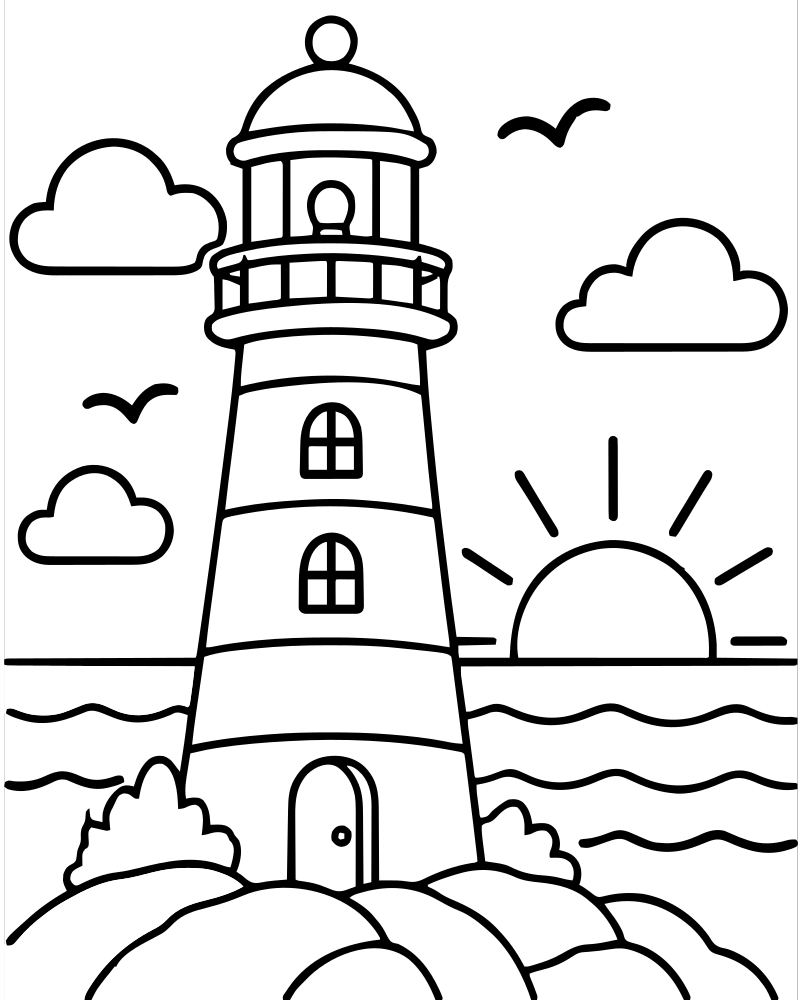 Lighthouse Sunset picture to color — Sunset coloring page for kids
