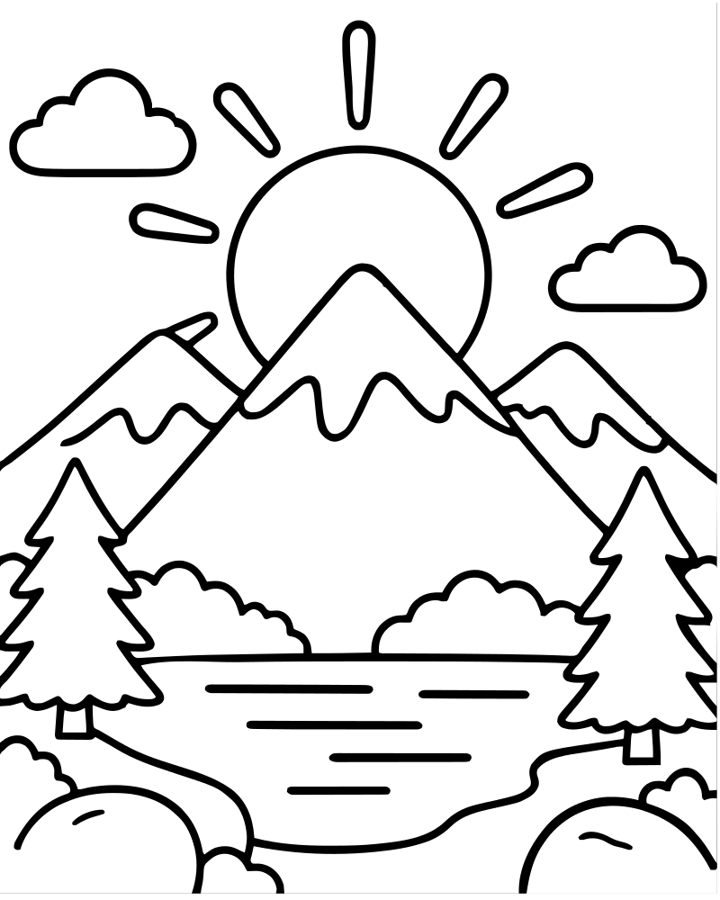Mountain Sunset — printable Sunset coloring sheet for preschoolers