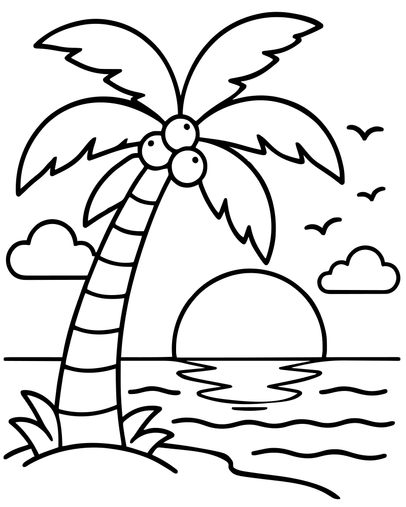 Printable palm tree sunset line art — Sunset coloring page