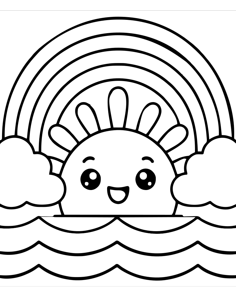 Printable rainbow sunset line art — Sunset coloring page