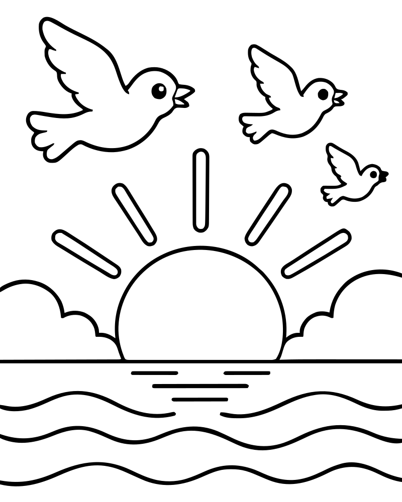 Sunset and Flying Birds picture to color — Sunset coloring page for kids