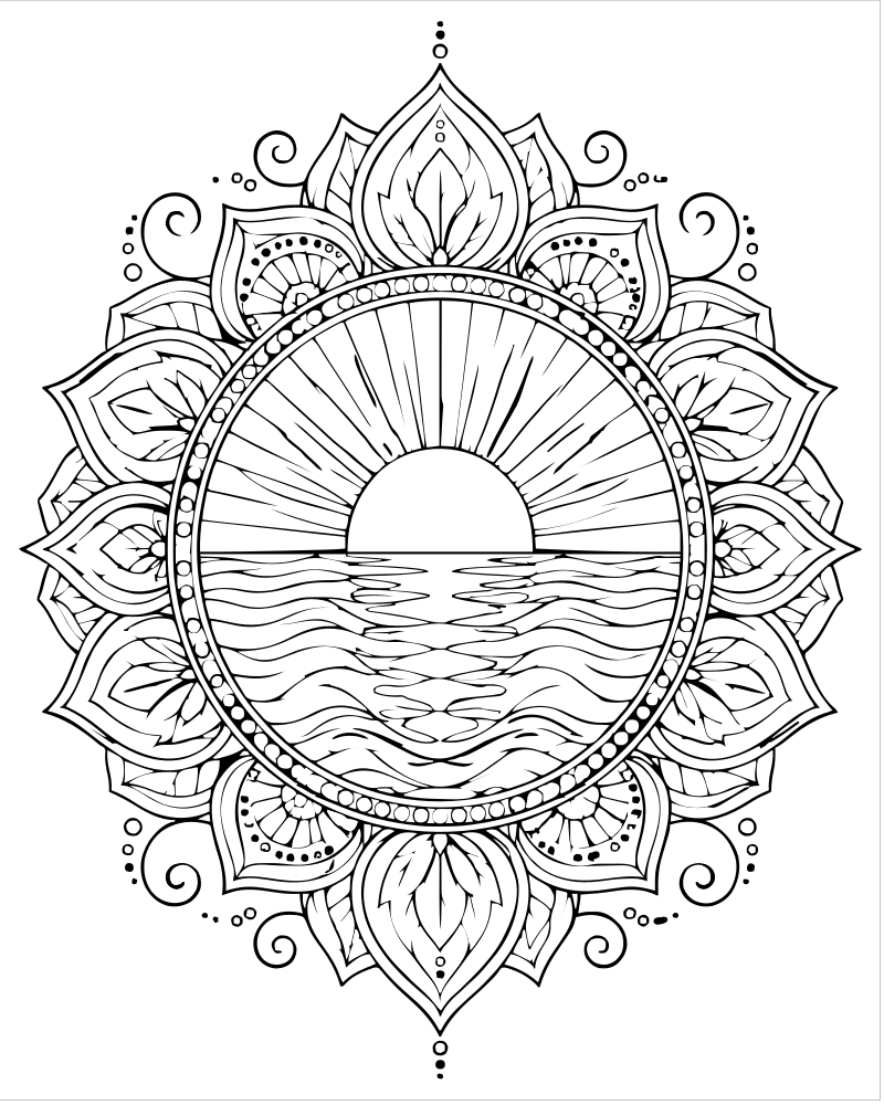 Sunset Mandala — Sunset coloring page to print for children