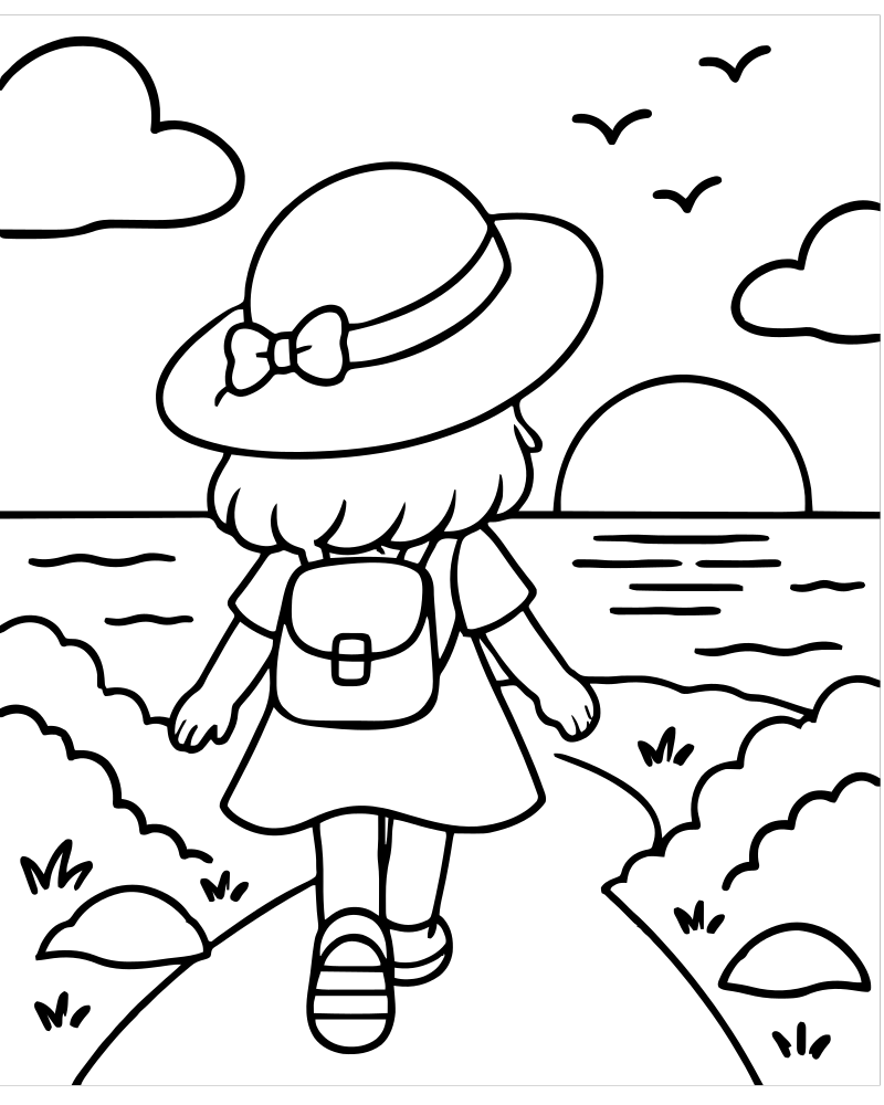 Walking into the Sunset — free printable Sunset coloring page for kids