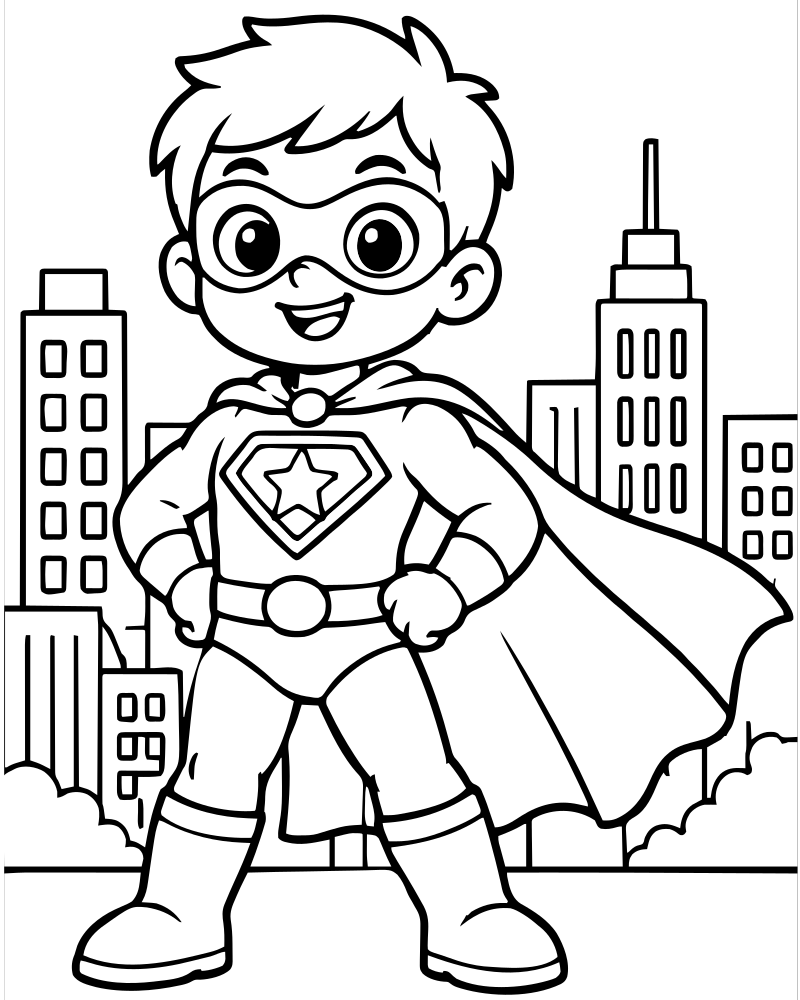 Superhero and City — Superhero coloring page to print for children