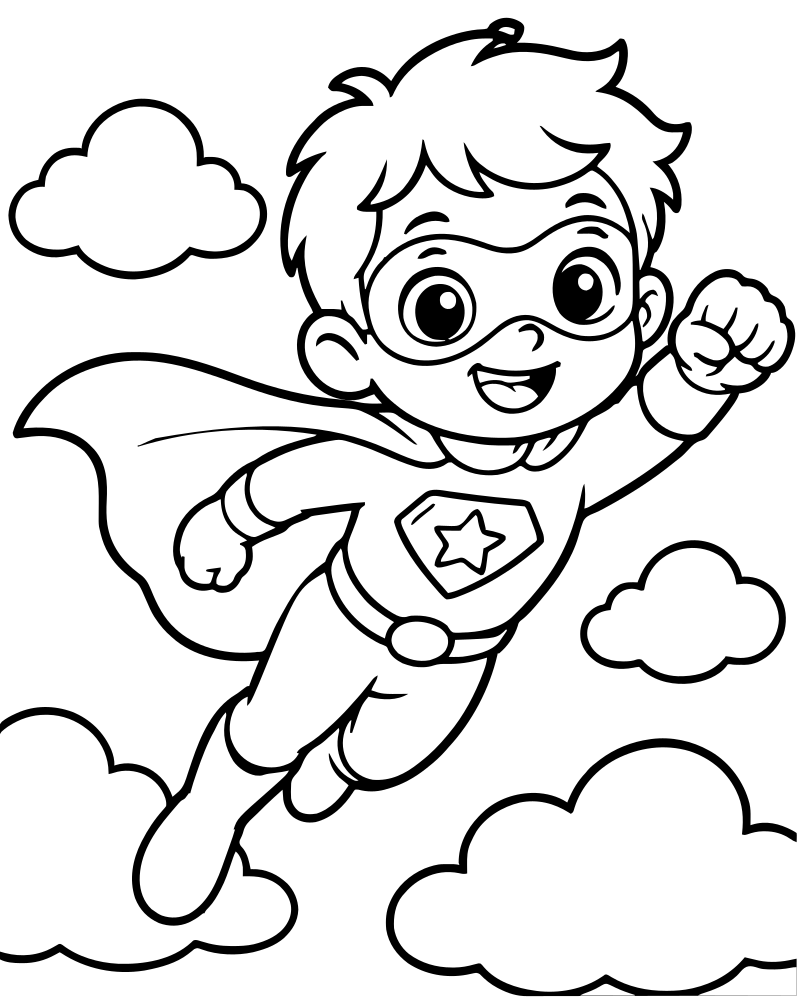Superhero in the Clouds picture to color — Superhero coloring page for kids
