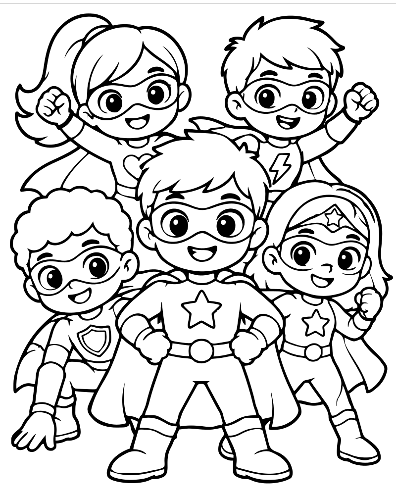 Printable superhero team line art — Superhero coloring page