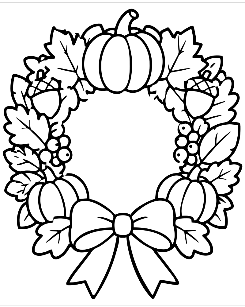 Autumn Wreath picture to color — Thanksgiving coloring page for kids
