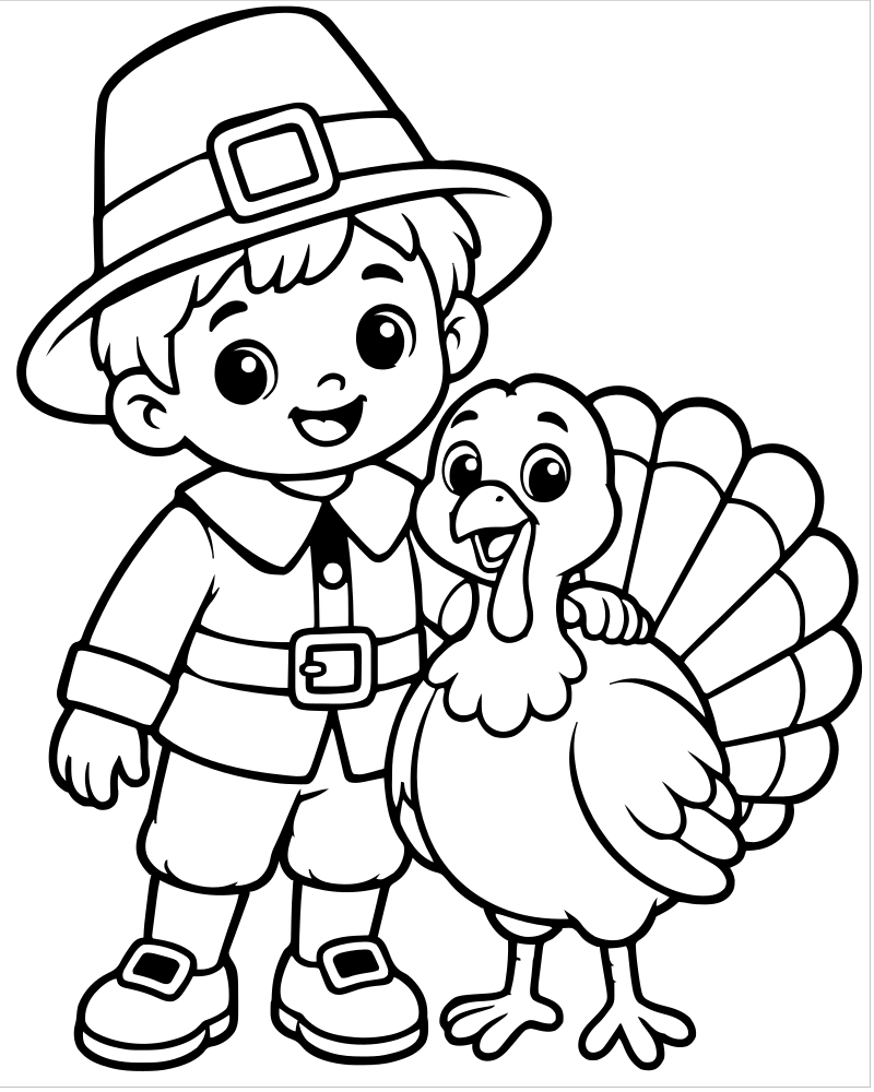 Little Pilgrim and Turkey — Thanksgiving coloring page to print for children