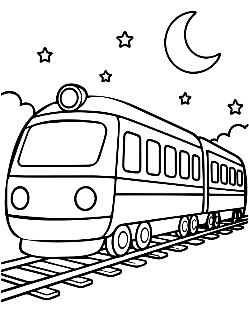 Printable night train line art — Train coloring page