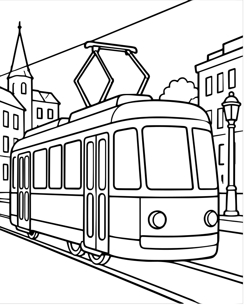 Tram in the City picture to color — Train coloring page for kids