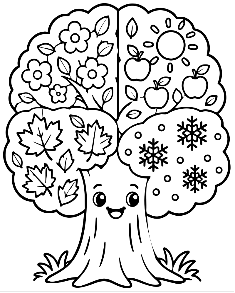 Printable four seasons tree line art — Tree coloring page