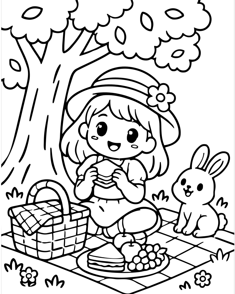 Picnic Under a Tree — Tree coloring page to print for children