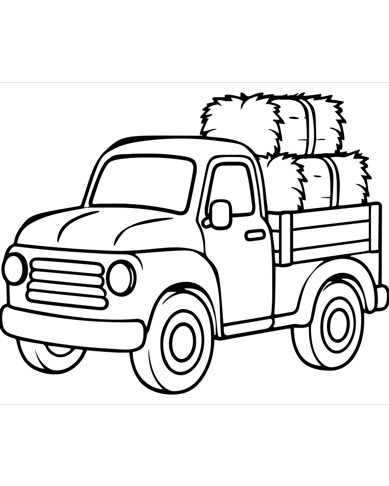 Printable pickup with hay line art — Truck coloring page