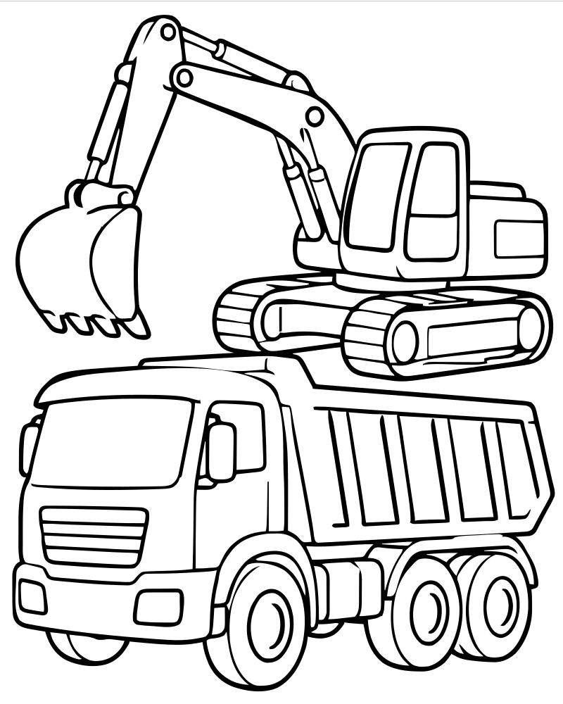 Truck and Excavator — printable Truck coloring sheet for preschoolers
