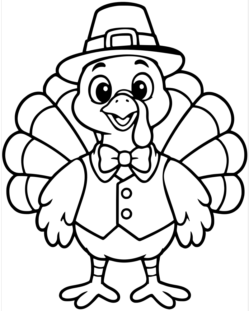 Printable dressed-up turkey line art — Turkey coloring page