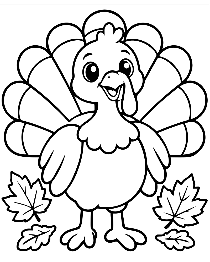 Turkey and Fall Leaves — Turkey coloring page to print for children