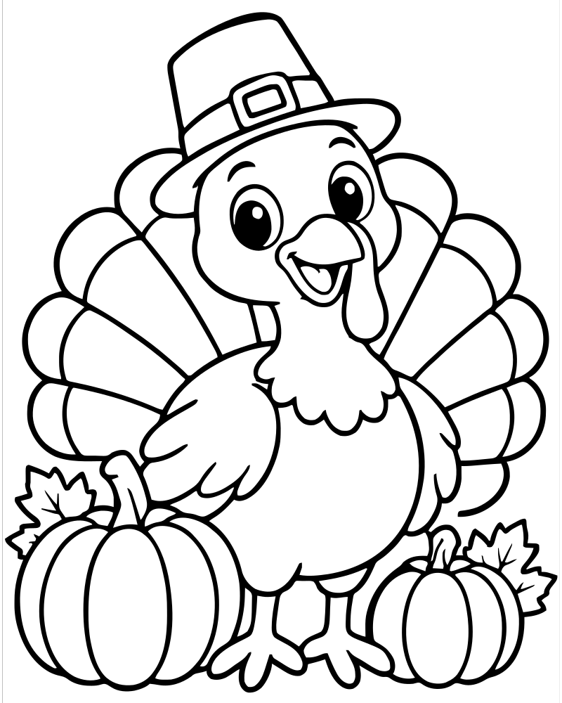 Turkey and Pumpkins — Turkey coloring page to print for children