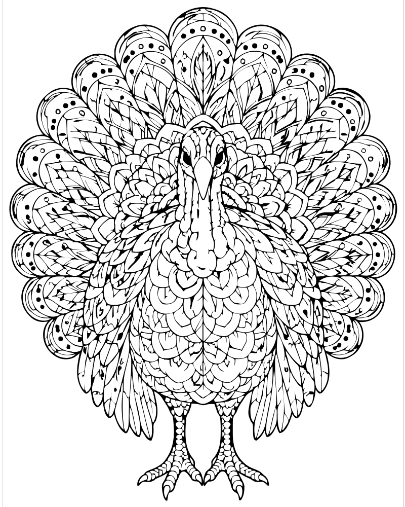 Printable turkey feather mandala line art — Turkey coloring page