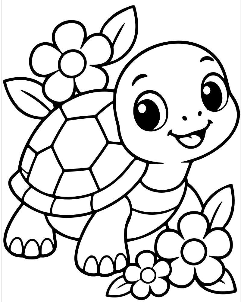 Tortoise with Flowers — Turtle coloring page to print for children