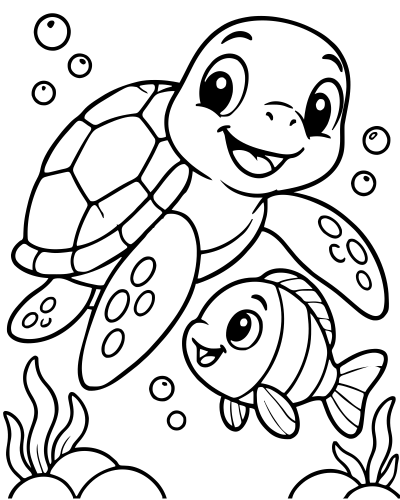 Turtle and Fish Friends picture to color — Turtle coloring page for kids