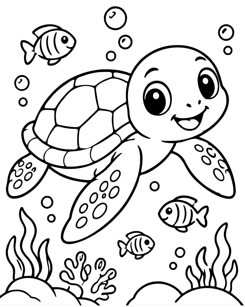 Turtle Underwater Scene picture to color — Turtle coloring page for kids