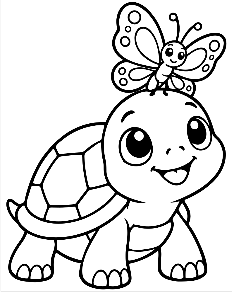 Printable turtle with a butterfly line art — Turtle coloring page