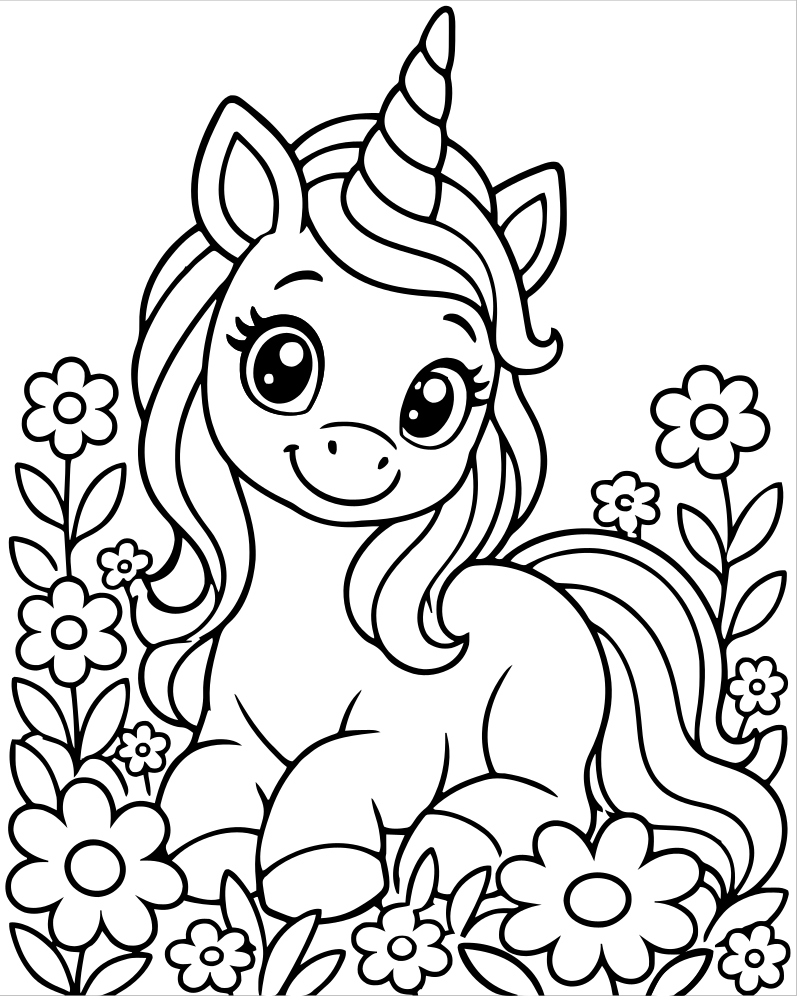 Unicorn in a Flower Field — free printable Unicorn coloring page for kids