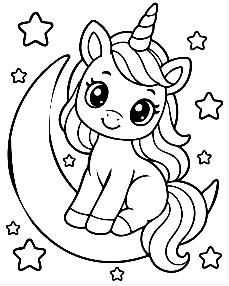 Unicorn Moon Scene — printable Unicorn coloring sheet for preschoolers