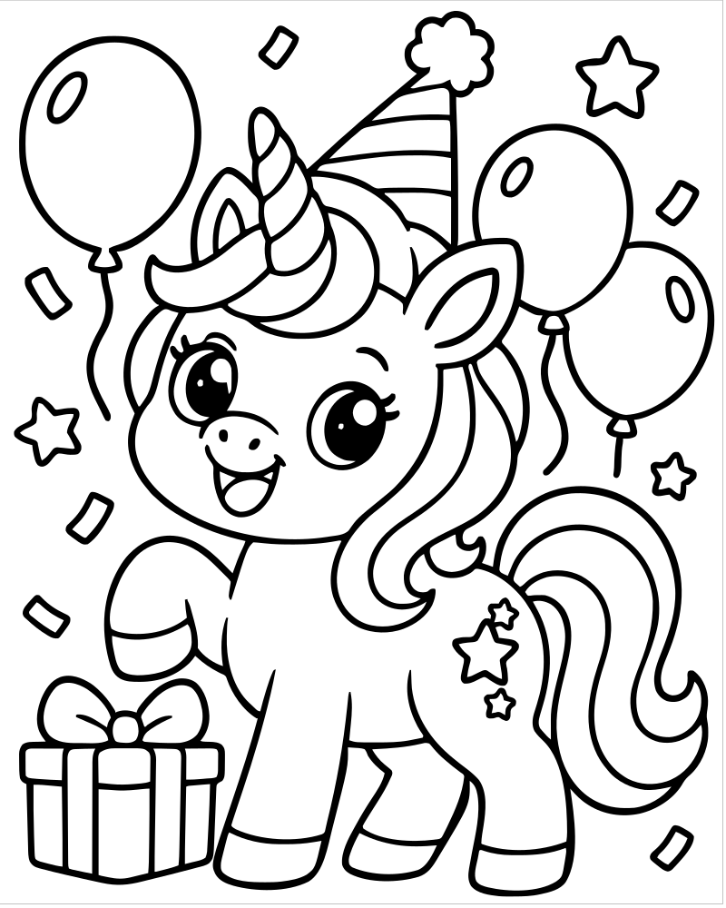 Unicorn Party Scene — Unicorn coloring page to print for children