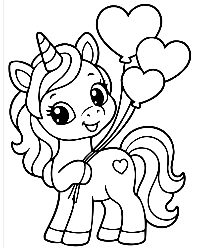 Unicorn with Heart Balloons — free printable Unicorn coloring page for kids
