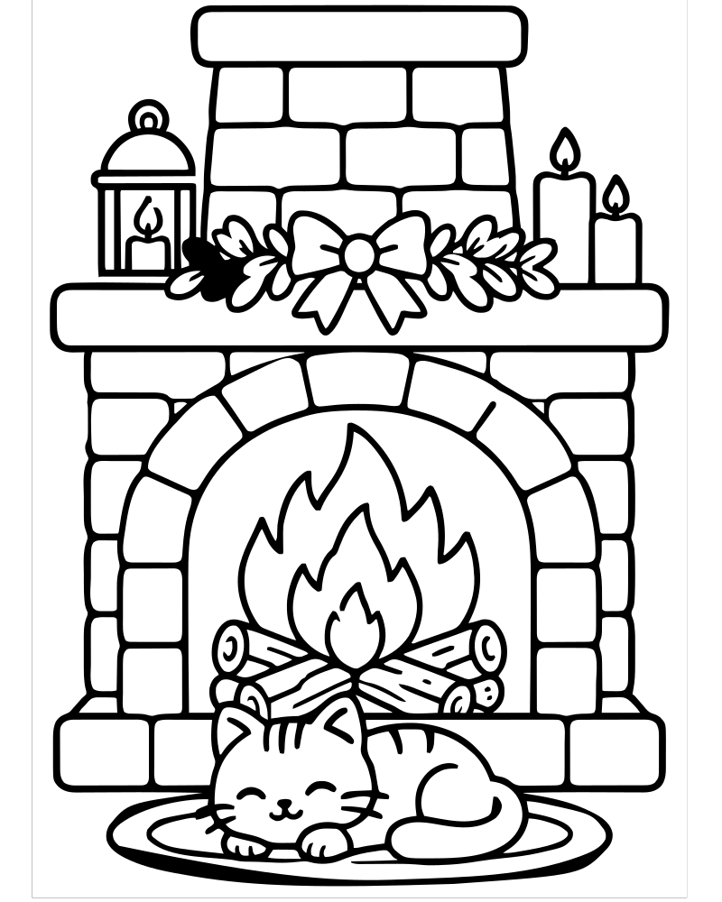 Cozy Fireplace — printable Winter coloring sheet for preschoolers