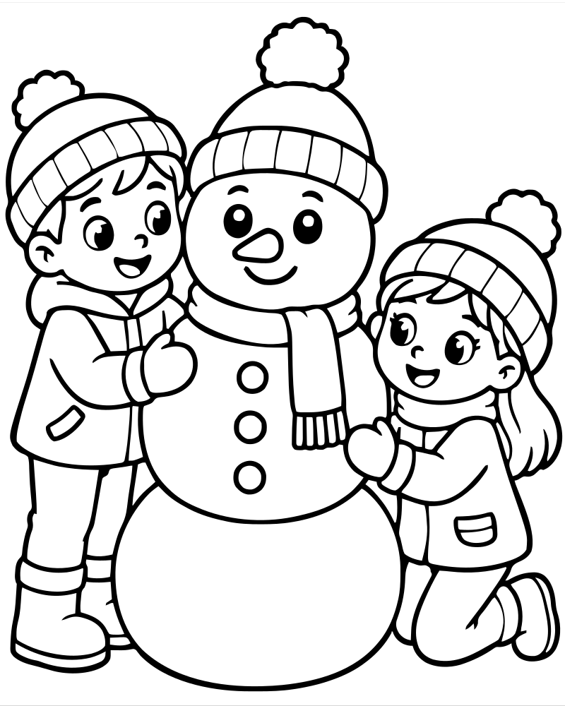 Printable kids building a snowman line art — Winter coloring page