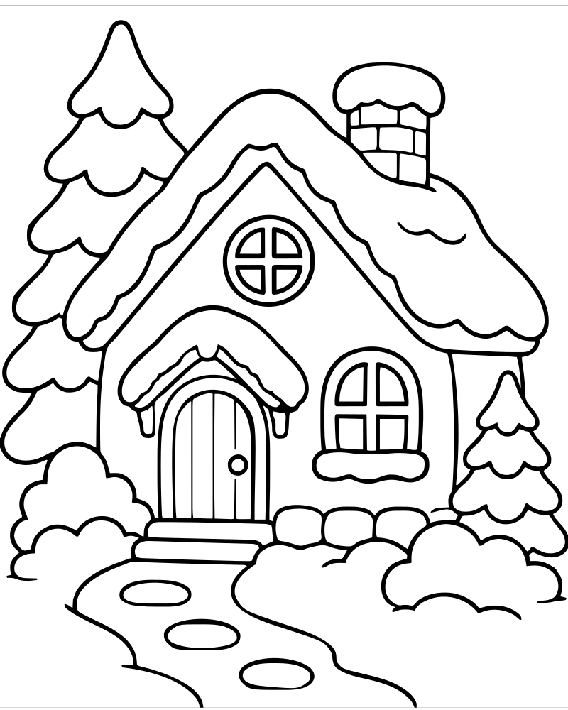 Snowy Cottage — Winter coloring page to print for children