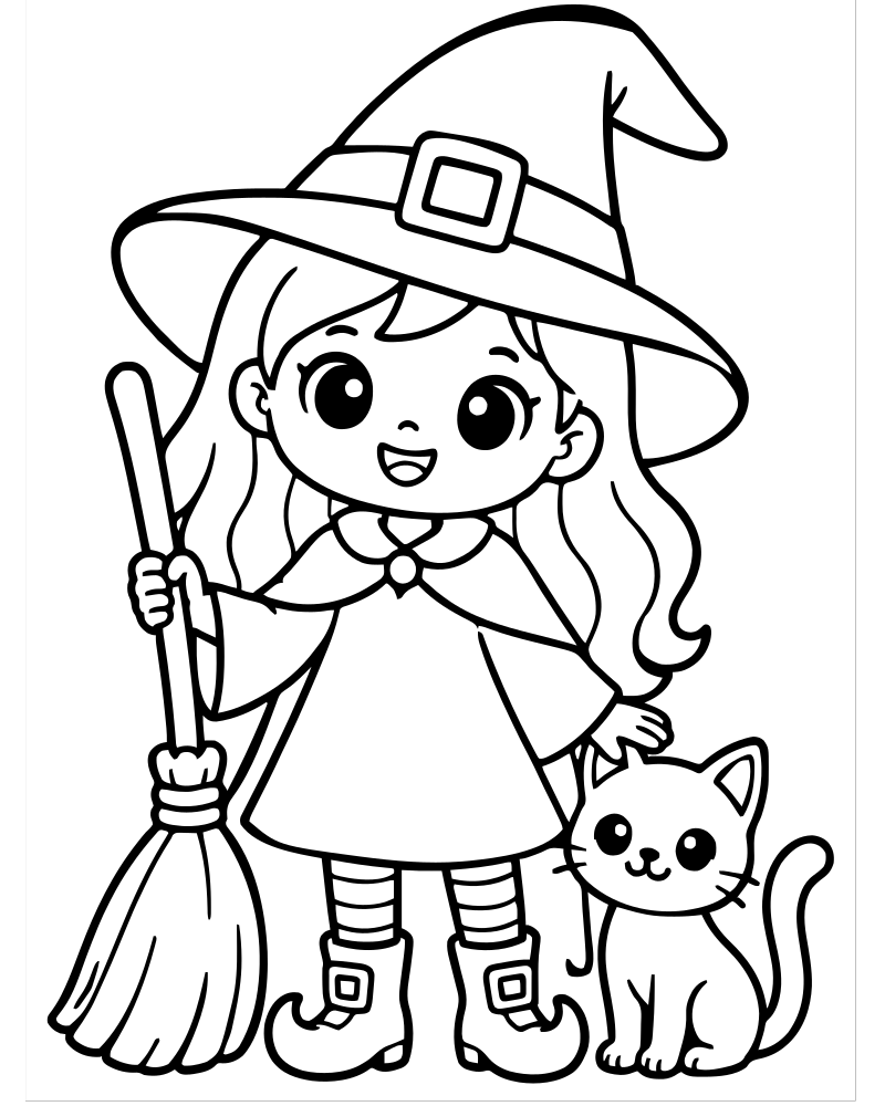 Cute Cartoon Witch — Witch coloring page to print for children