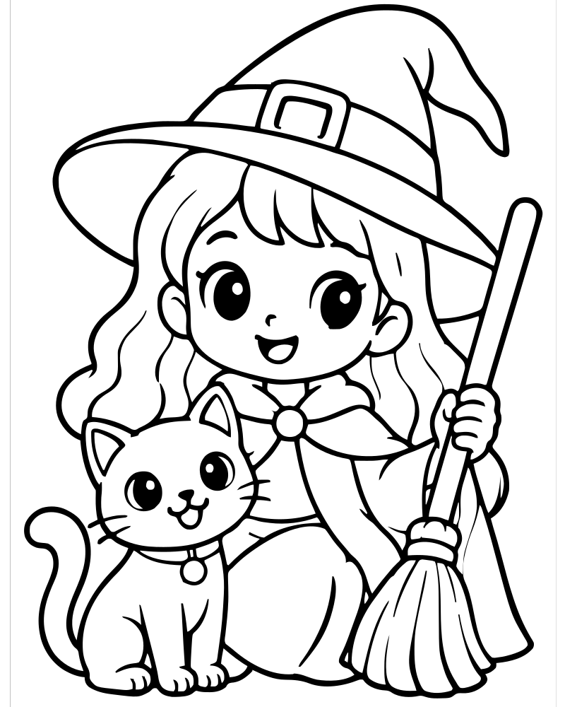 Printable witch and black cat line art — Witch coloring page