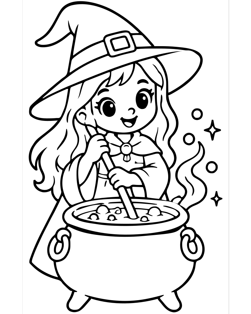 Printable witch and cauldron line art — Witch coloring page