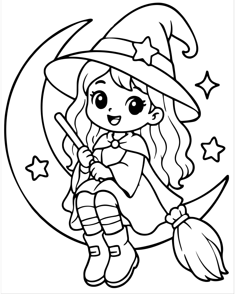 Witch and Moon — printable Witch coloring sheet for preschoolers