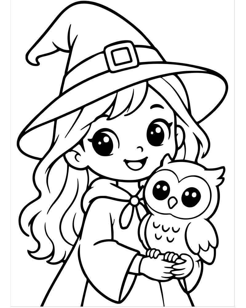 Witch and Owl Friends — printable Witch coloring sheet for preschoolers