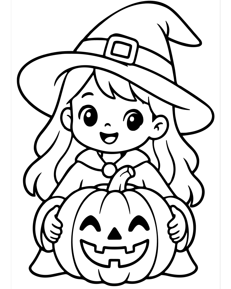 Printable witch and pumpkin line art — Witch coloring page