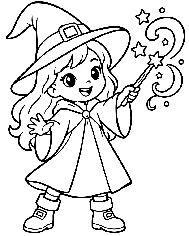 Witch Casting a Spell — free printable Witch coloring page for kids