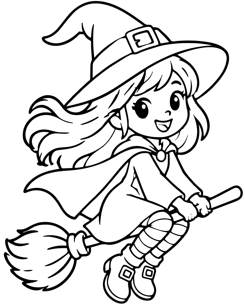 Witch Flying on a Broom — free printable Witch coloring page for kids
