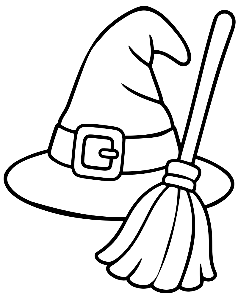 Witch Hat and Broom — printable Witch coloring sheet for preschoolers