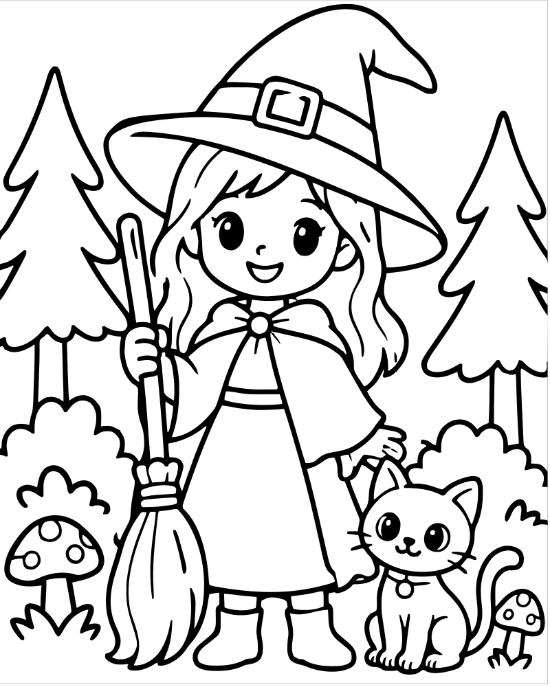 Witch in the Forest — Witch coloring page to print for children