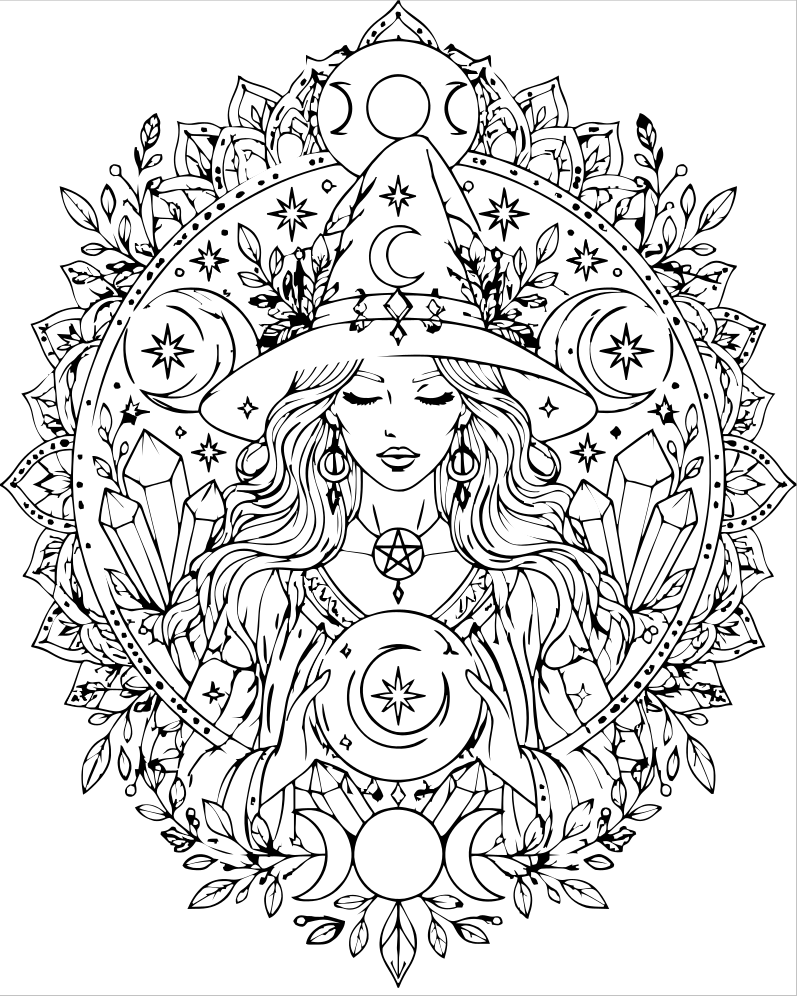 Witch Mandala — Witch coloring page to print for children