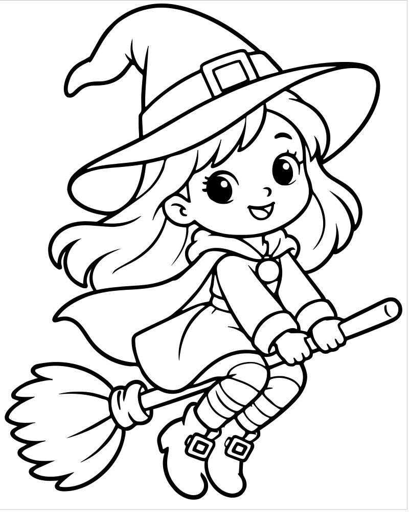 Witch with Broom — printable Witch coloring sheet for preschoolers